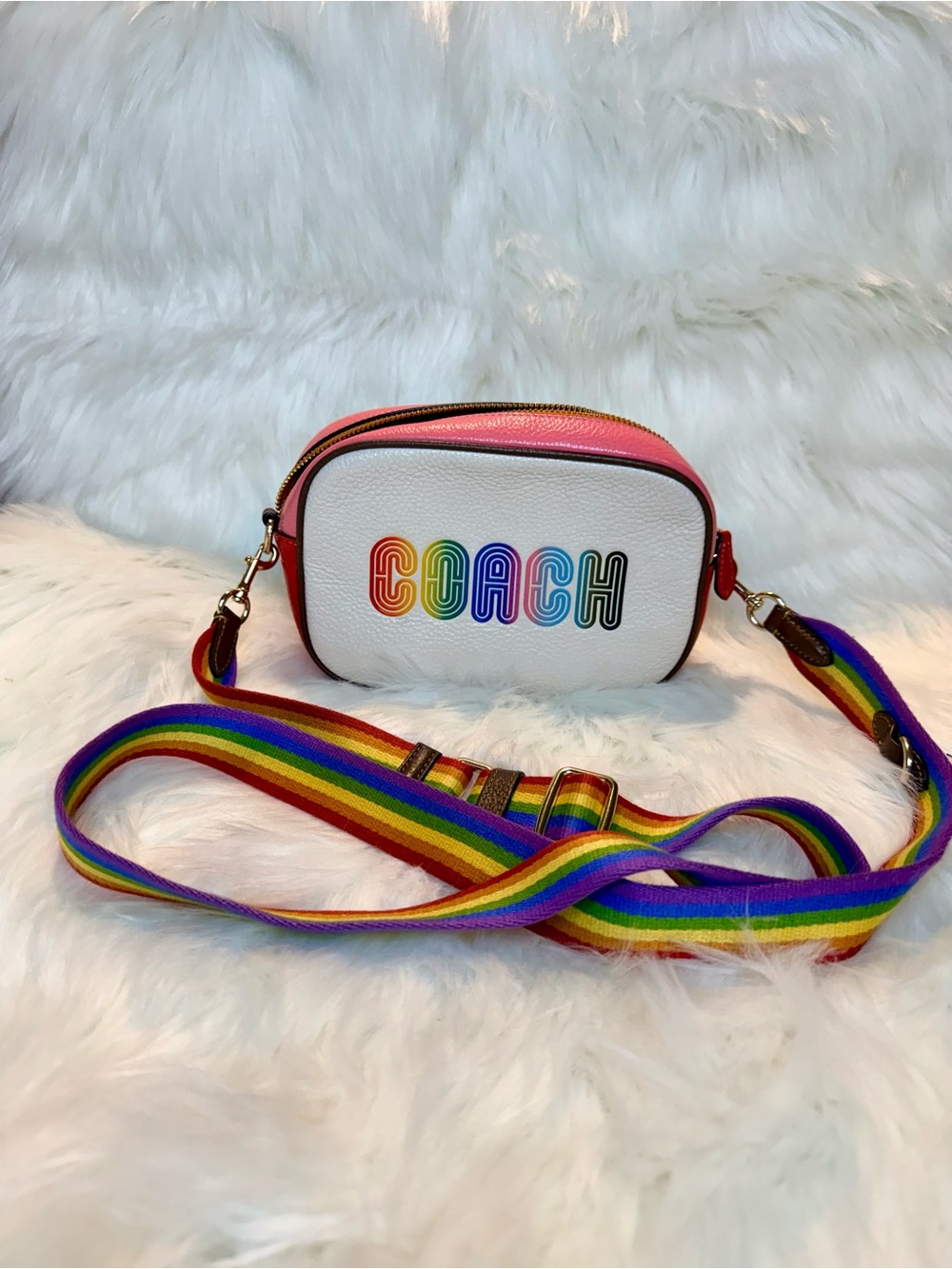 Coach White Pebble Leather Crossbody with Rainbow Logo & Strap